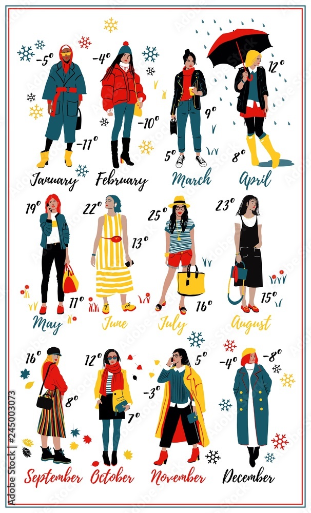 Twelve young women or girls wearing stylish clothing. Wall Calendar. Detailed Female Characters. Colorful Fashion Illustration in Flat Cartoon Style.