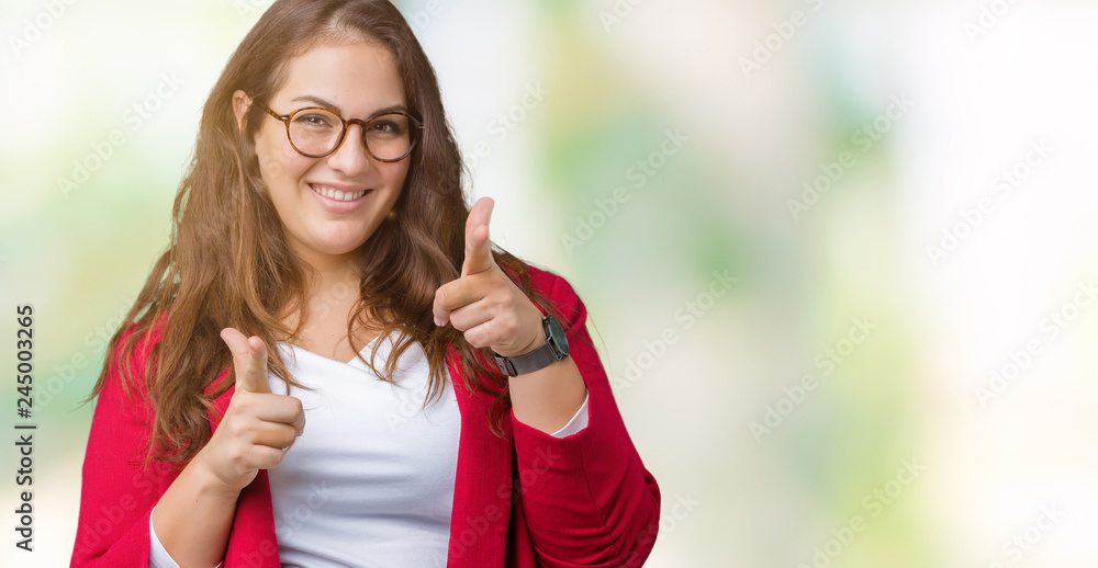 Beautiful plus size young business woman wearing elegant jacket and glasses over isolated background pointing fingers to camera with happy and funny face. Good energy and vibes. Beautiful plus size young business woman wearing elegant jacket and glasses over isolated background pointing fingers to camera with happy and funny face. Good energy and vibes.