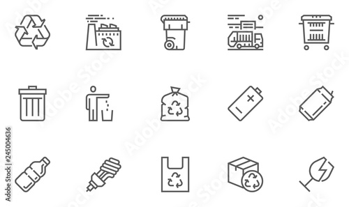 Garbage Vector Line Icons Set. Trash, Organic Waste, Plastic, Aluminium Can, Pollution, Recycle Plant. Editable Stroke. 48x48 Pixel Perfect.