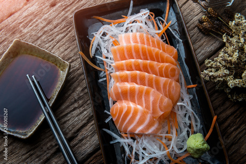 Salmon sashimi japanese style cut.