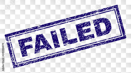 FAILED stamp seal imprint with rubber print style and double framed rectangle shape. Stamp is placed on a transparent background. Blue vector rubber print of FAILED caption with corroded texture.