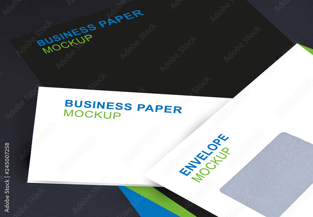 Two Letterhead and an Envelope on Dark Background Mockup Stock Template