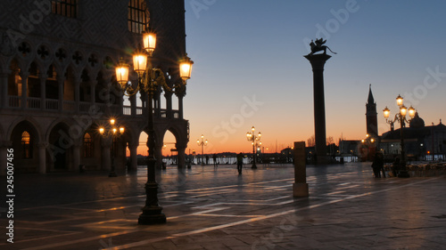 Venice Saint Marco Square Romantic View at Sunrise with nobody and Golden Sun Light