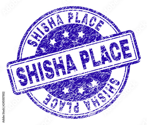 SHISHA PLACE stamp seal watermark with distress texture. Designed with rounded rectangles and circles. Blue vector rubber print of SHISHA PLACE title with dust texture.