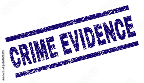 CRIME EVIDENCE seal print with distress style. Blue vector rubber print of CRIME EVIDENCE label with corroded texture. Text label is placed between parallel lines.