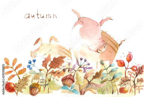 Happy piglets on an autumn forest clearing