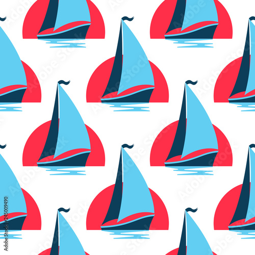 Marine seamless pattern with sailing boat on the waves against the rising sun.