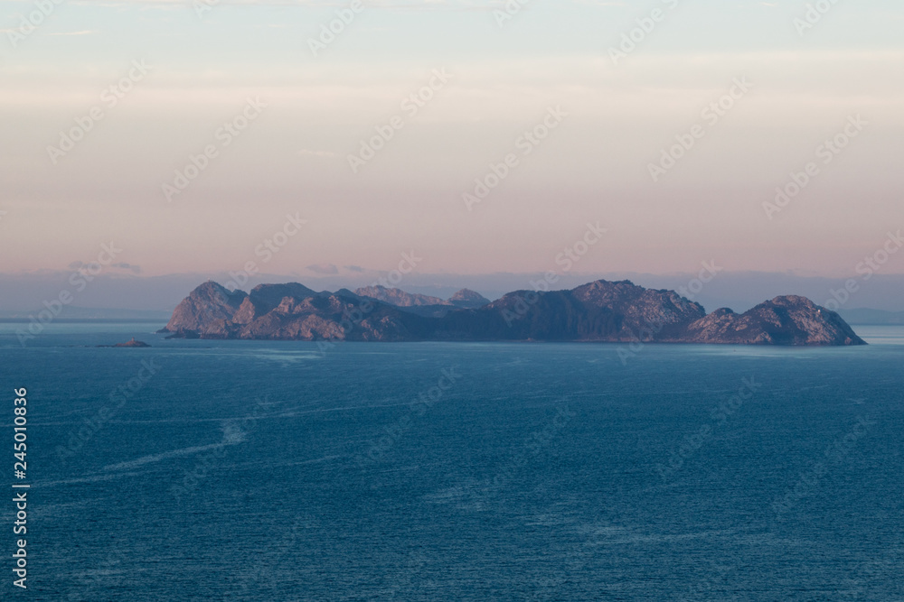 Panoramic view of the Cies islands located in the province of Pontevedra in Spain