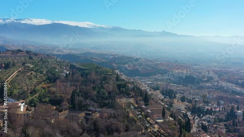 Aerial view of Sierra Nevada mountains in winter (from Granada), snowy peaks and blue sky - landscape panorama of Andalusia from above, Spain, Europe