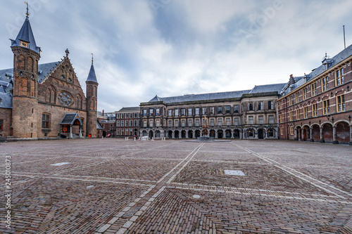 Ridderzaal in Dutch or the Knights hall and inner court of the Dutch parliament campus in The Hague, Netherlands