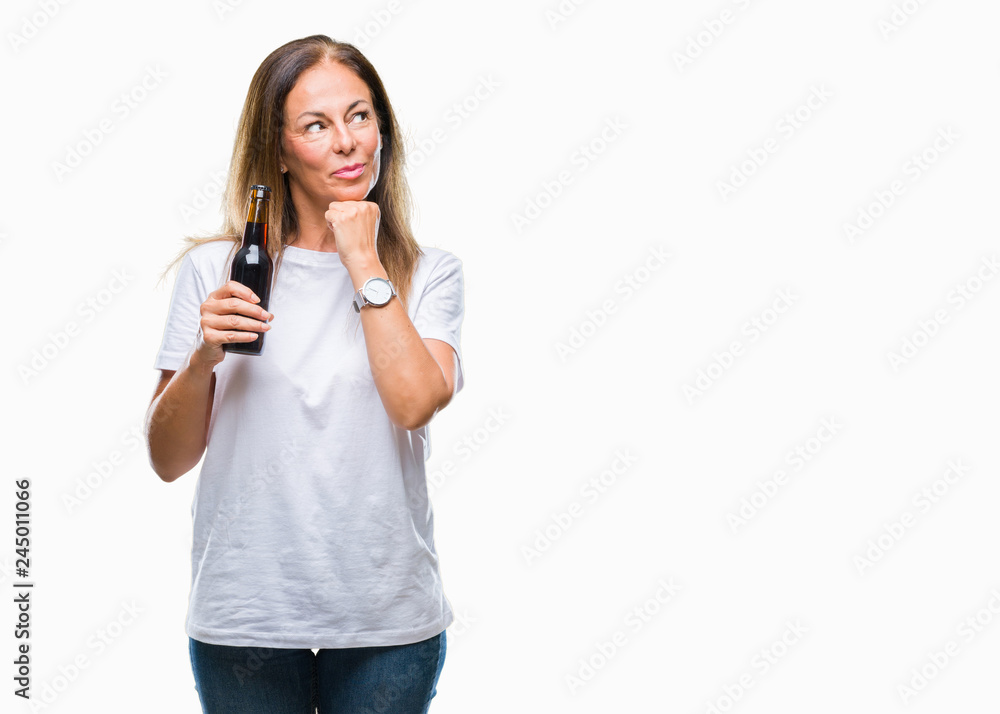 Middle age hispanic woman drinking beer over isolated background serious face thinking about question, very confused idea Middle age hispanic woman drinking beer over isolated background serious face thinking about question, very confused idea