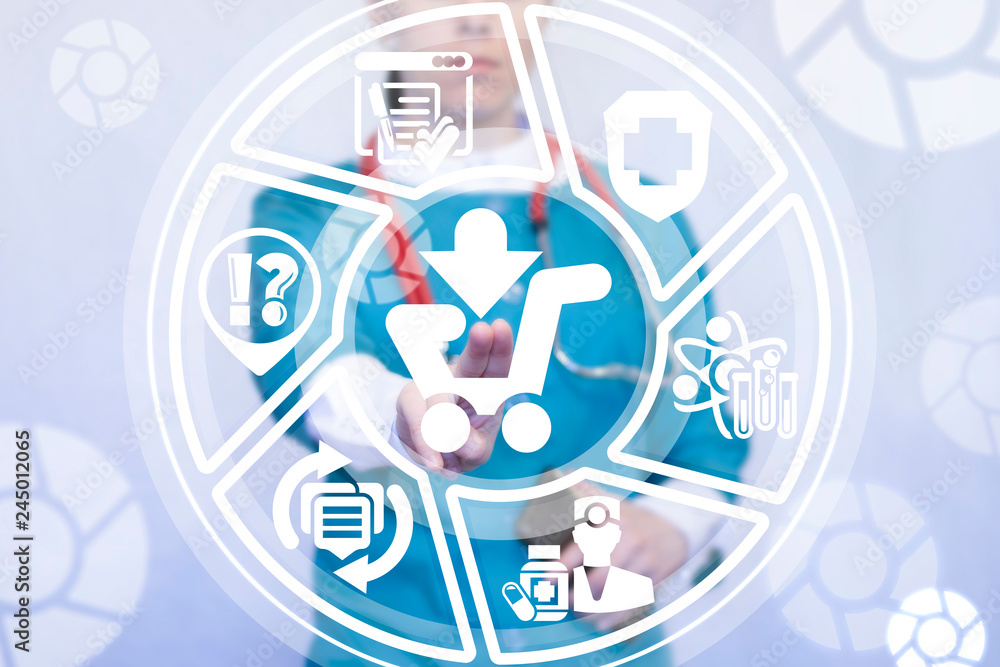 Φωτογραφία Young medical woman working on a virtual screen of the future and touches the icon: shopping cart