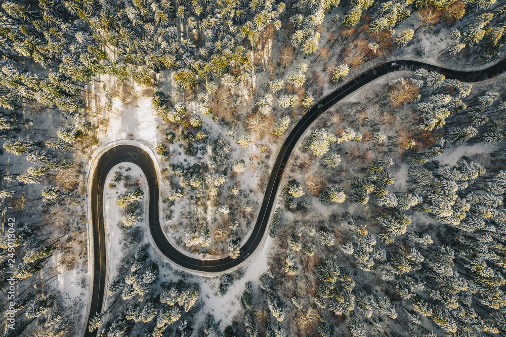 Winding road from a drone