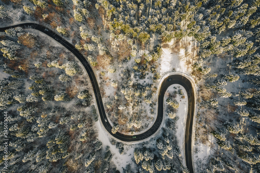 Winter road seen from a drone