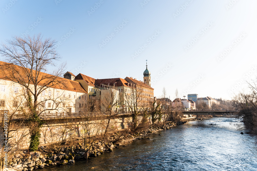 City of Graz Mur river, river bank,city center, Styria region of Austria