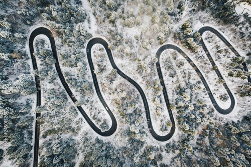 Winter winding road in the middle of the forest