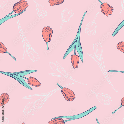 Tulips seamless pattern on pink background. Hand drawn ink sketch  with pink flowers.