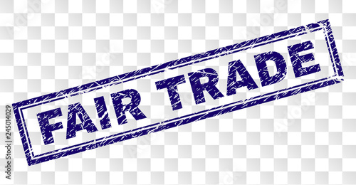 FAIR TRADE stamp seal print with rubber print style and double framed rectangle shape. Stamp is placed on a transparent background. Blue vector rubber print of FAIR TRADE tag with dust texture.