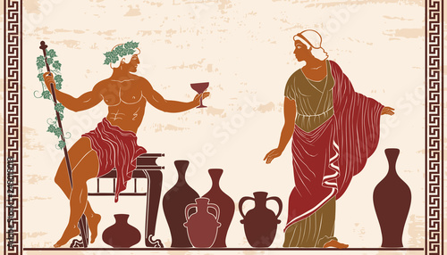 Heroes of ancient Greek myths Dionysus and Ariadne with jugs of wine. photo