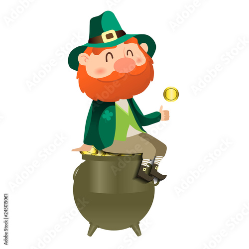 Leprechaun with a green hat and a gold coin. St. Patrick's day card.
