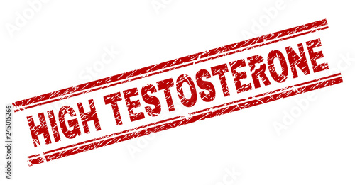 HIGH TESTOSTERONE seal stamp with corroded texture. Red vector rubber print of HIGH TESTOSTERONE label with unclean texture. Text label is placed between double parallel lines.
