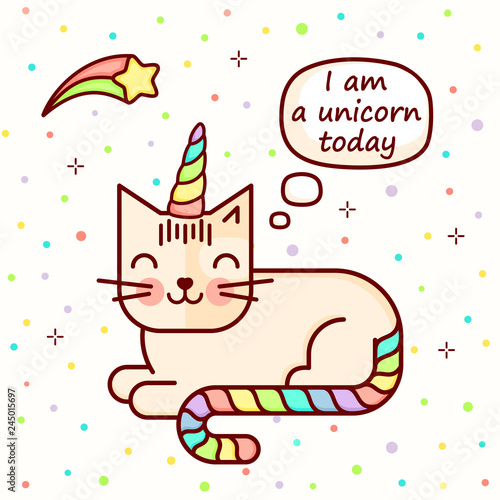 Line style kawaii cute bright colored cat with corn or unicorn, catcorn. 