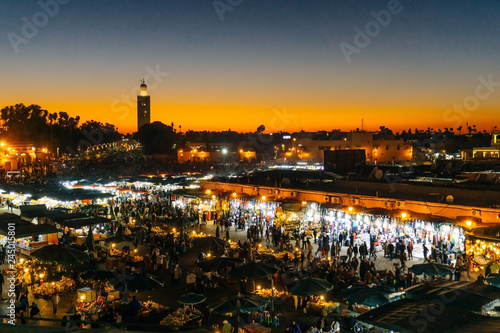 Marrakesh (Morocco). Jemaa el-Fnaa square (market place) in the evening.