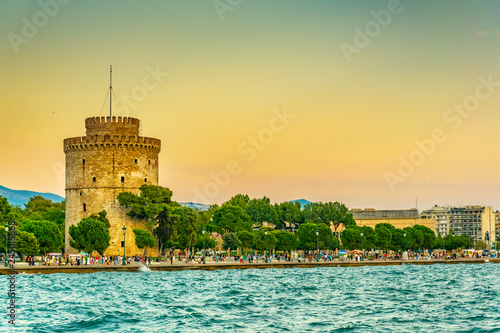 Sunset view of the white tower in Thessaloniki, Greece