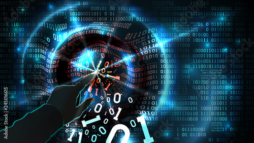 Hacker hand touches binary code and hacks abstract database, firewall, social network account, computer internet server, theft of data. Binary code abstract background, vector