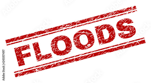 FLOODS seal print with corroded texture. Red vector rubber print of FLOODS text with dirty texture. Text caption is placed between double parallel lines.