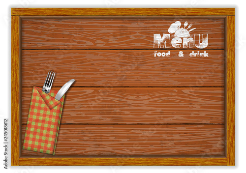 Restaurant menu template, knife and fork with a menu book on a wooden board table.