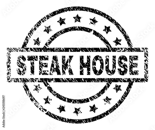 STEAK HOUSE stamp seal watermark with distress style. Designed with rectangle, circles and stars. Black vector rubber print of STEAK HOUSE label with unclean texture.