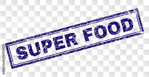 SUPER FOOD stamp seal print with rubber print style and double framed rectangle shape. Stamp is placed on a transparent background. Blue vector rubber print of SUPER FOOD text with unclean texture.