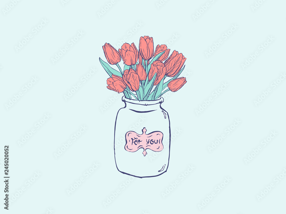 Hand drawn flat illustration with vase and tulips. Ink sketch of ...