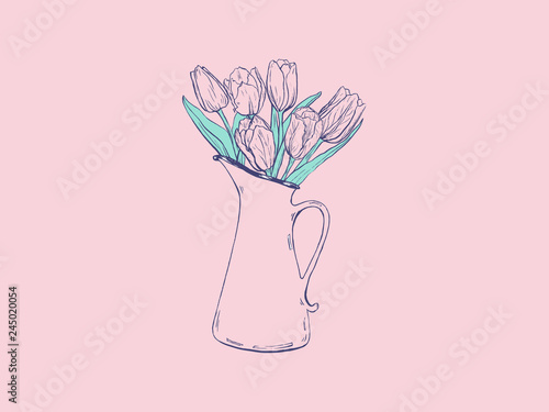 Hand drawn flat illustration with vase and tulips. Ink sketch of  bouquet with pink flowers. Elements for design in pale tender colors.