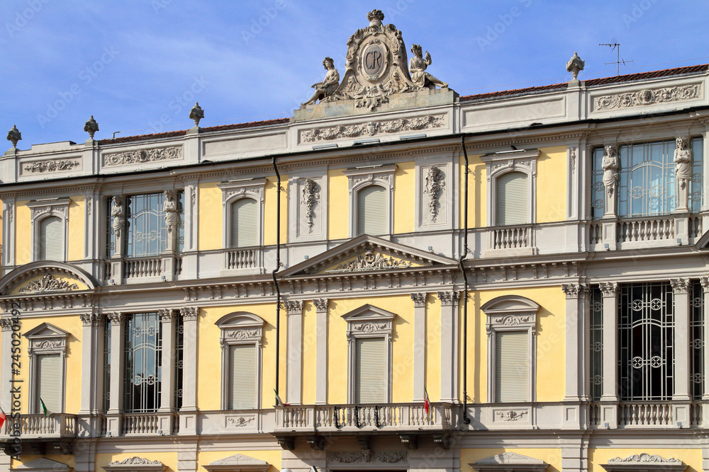 palazzo storico colorato ad asti in italia, colored historic palace in asti city in italy