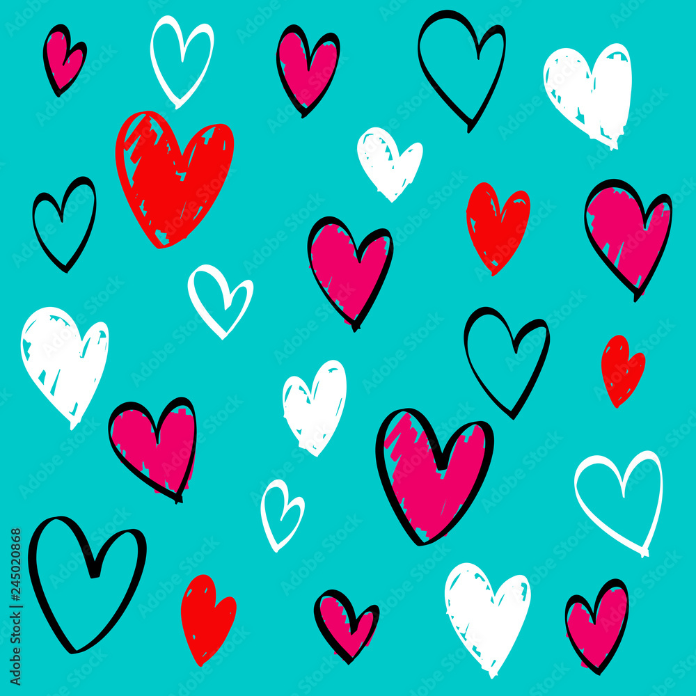 Collection of hand drawn hearts. Marker, brush and pencil. Fun and cool illustrations. For backgrounds, invitations, cards, banners, decoration.