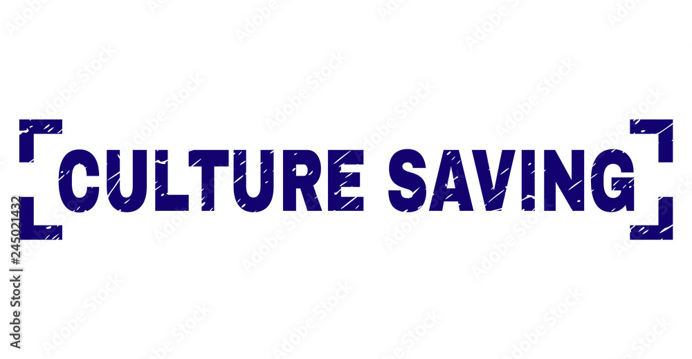 CULTURE SAVING caption seal watermark with corroded texture. Text tag is placed inside corners. Blue vector rubber print of CULTURE SAVING with corroded texture.