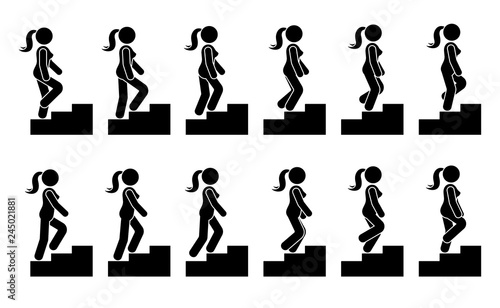 Stick figure female on stairs icon set. Vector woman walking step by step sequence pictogram