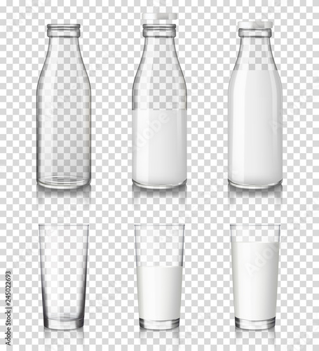 bottle and glass of milk set, isolated