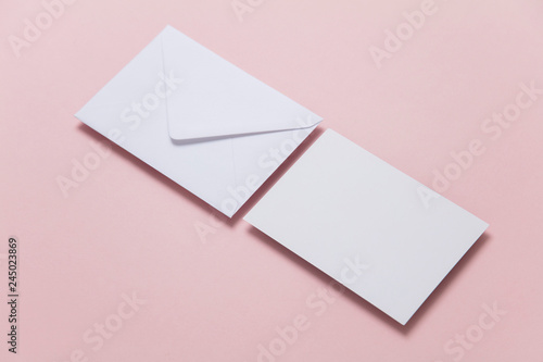 Blank white card with paper envelope template mock up