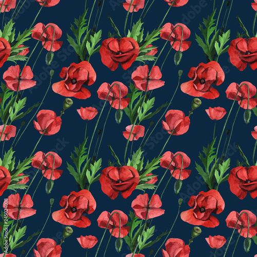 Watercolor seamless pattern with wild red poppies