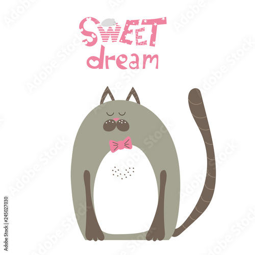 Child shower poster with cute cat and graphic hand drawn text . Vector invitation for kid. Child print with pink lettering - sweet drean. Greeting card for gentleman. photo