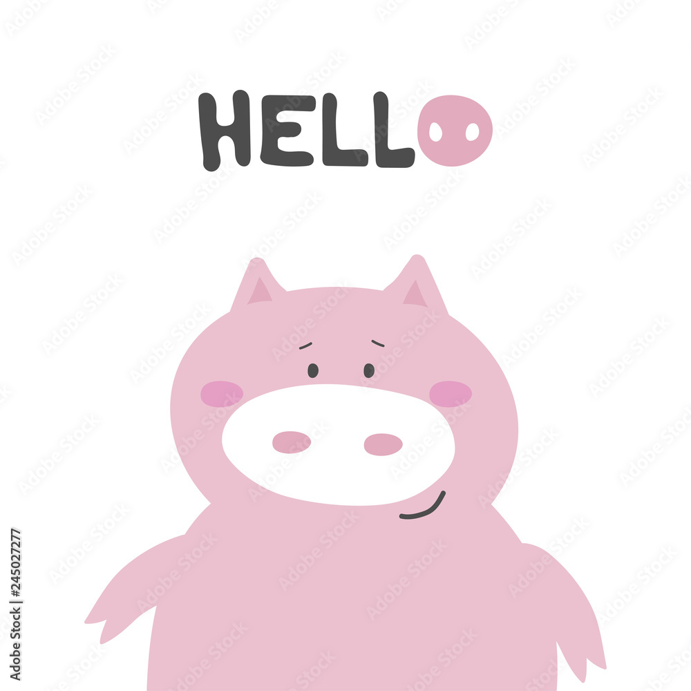 Child shower poster with cute pig and hand drawn text with stylised letter piglet. Vector funny animal for baby graphic suit printing. Kid print with lettering - HELLO. Greeting card design Child shower poster with cute pig and hand drawn text with stylised letter piglet. Vector funny animal for baby graphic suit printing. Kid print with lettering - HELLO. Greeting card design