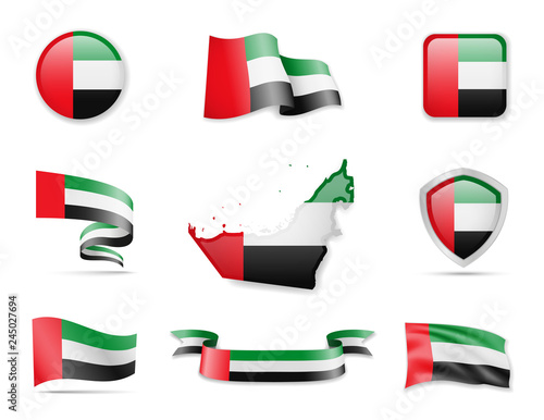 United Arab Emirates flags collection. Flags and outline of the country.