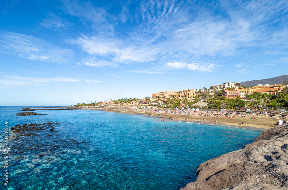 Landscape with El Duque beach at Costa Adeje. Tenerife, Canary Islands, Spain