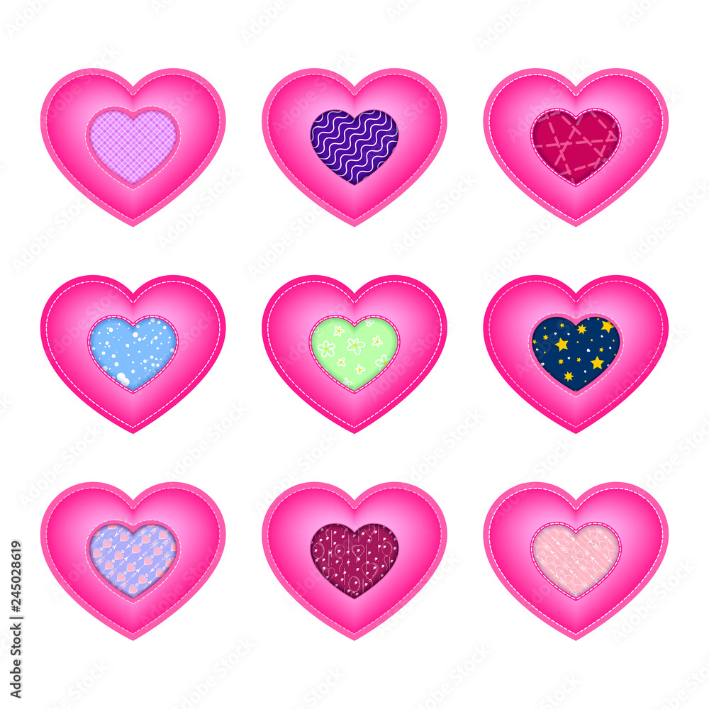Set of hearts for Valentine's day. Textile inserts with patterns. Vector