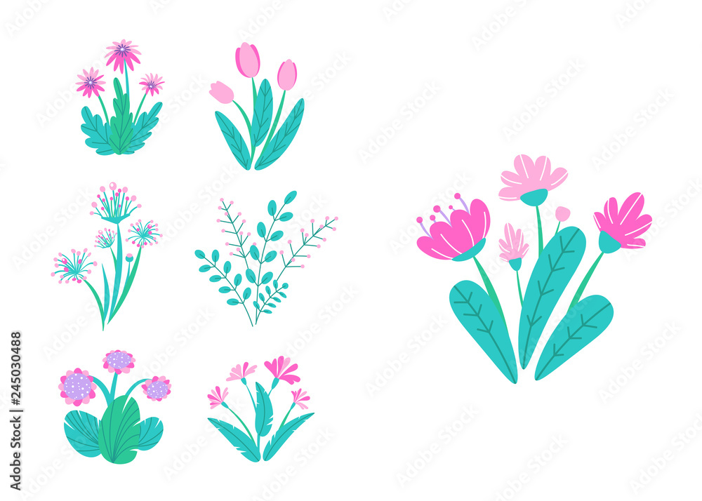 Spring garden flowers vector. Simple plant bouquet illustration. Fashion springtime nature elements isolated on white background in minimal style
