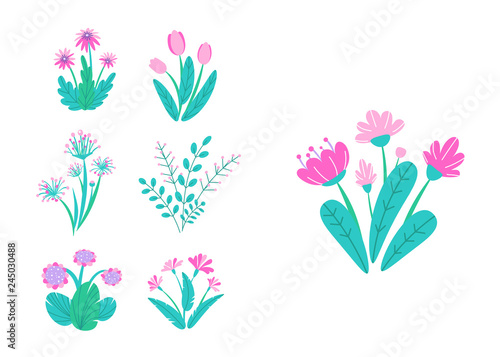 Spring garden flowers vector. Simple plant bouquet illustration. Fashion springtime nature elements isolated on white background in minimal style