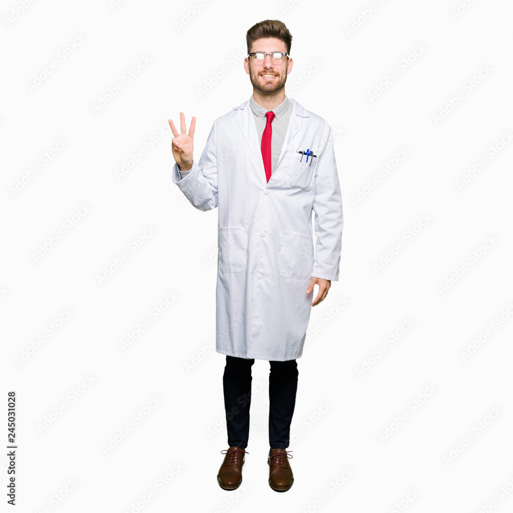 Young handsome scientist man wearing glasses showing and pointing up with fingers number three while smiling confident and happy. Young handsome scientist man wearing glasses showing and pointing up with fingers number three while smiling confident and happy.